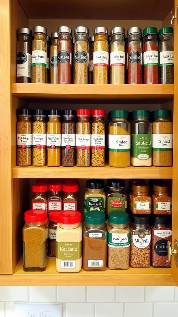 A well-organized spice rack with clear jars and labels in a bright kitchen.